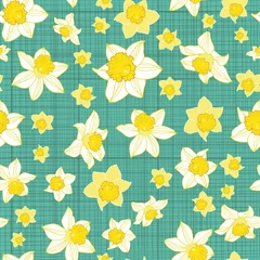Fototapeten Seamless pattern of daffodil flowers on green striped background © Elinnet