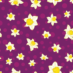 Seamless pattern daffodil flower on purple dots background