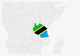 Tanzania map highlighted in Tanzania flag colors - obrazy, fototapety, plakaty