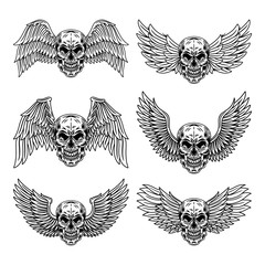 Vintage Set of winged skulls isolated retro vector illustration on a white background. Great design for any purposes.