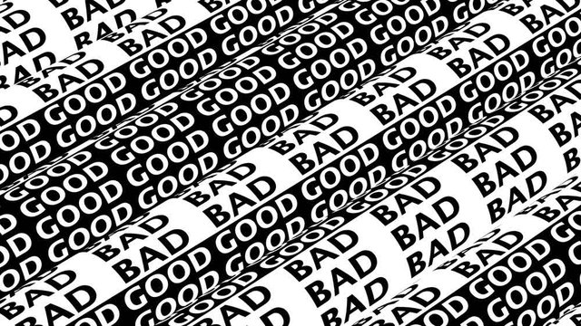 black and white monochrome kinetic typography 3d render. motion design titles. loopable animation. Good and bad words.