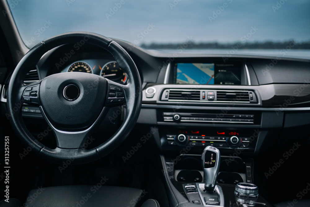 Sticker modern car interior, with dashboard and navigation monitor