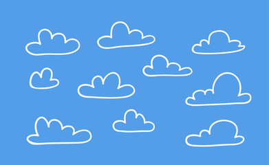 Fototapeta premium Set of funny clouds in line art style on blue background. Hand drawn illustration cartoon sky. Creative work. Actual vector weather drawing