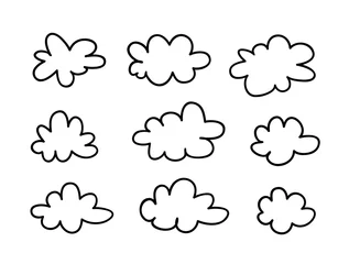 Foto op Canvas Set of funny clouds in line art style on blue background. Hand drawn illustration cartoon sky. Creative work. Actual vector weather drawing © pomolchim