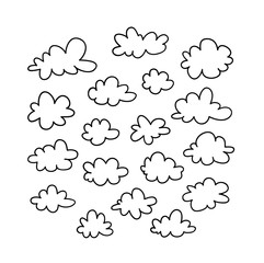 Set of funny clouds in line art style on blue background. Hand drawn illustration cartoon sky. Creative work. Actual vector weather drawing