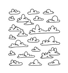 Obraz premium Set of funny clouds in line art style on blue background. Hand drawn illustration cartoon sky. Creative work. Actual vector weather drawing