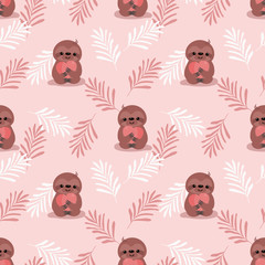 Materiał do szycia Cute sloth hold a heart on pink leaves seamless pattern.