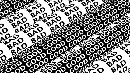 black and white monochrome kinetic typography 3d render. motion design titles. bad and good words.