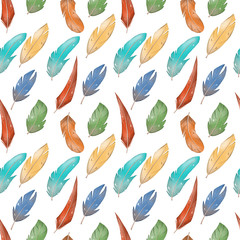 Digital illustration of a cute pattern of colored feathers blue, yellow, speckled green. Drawn in the style of a child’s illustration with a pencil print for cards, fabrics, design, games, posters.