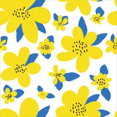 Foto auf Acrylglas Antireflex Seamless floral pattern. Bright yellow flowers, leaves in a simple hand-drawn style on a white background. Modern abstract design. Trendy Botanical texture, ornament. Vector illustration. © Diana  Sityaeva 