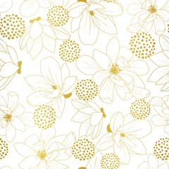 Poster Im Rahmen Seamless golden magnolia flowers pattern outline on white background © Elinnet