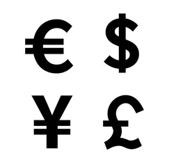 Money & Currency Icons. Euro, Dollar, Yen, Pound. Vector illustration. on white background
