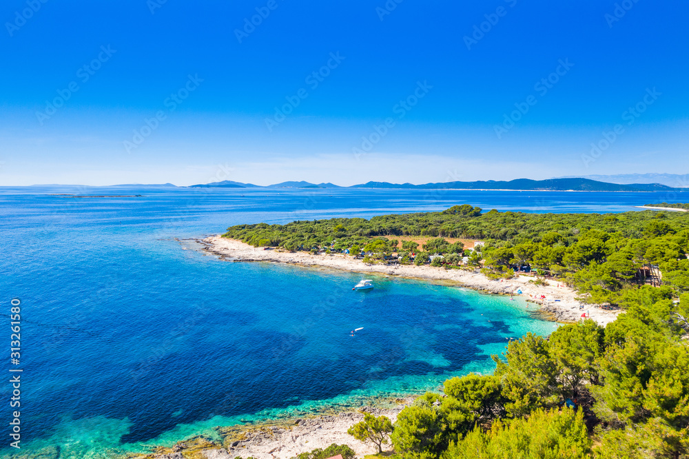 Poster croatia, adriatic coastline, beautiful seascape, dugi otok island, camping resort in bay on veli rat