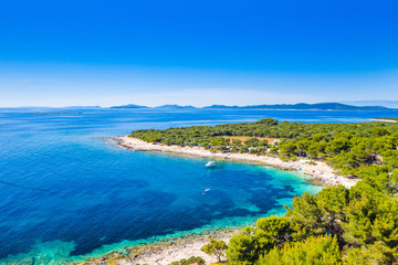 Croatia, Adriatic coastline, beautiful seascape, Dugi otok island, camping resort in bay on Veli Rat