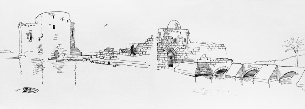 Lebanon, Saida old castle pen drawing on paper original illustration