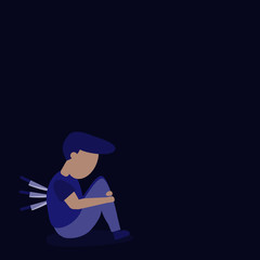 Depression disorder. Male ware blue T-shirt and pants sitting on floor and three knife (the problem) on his back with dark blue background. Copy space for your text.