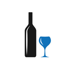 wine bottle and glass icon vector (blue version)