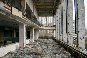 Interior of Palace of Culture in Prypiat in exclusion zone, near Chernobyl nuclear power plant,...