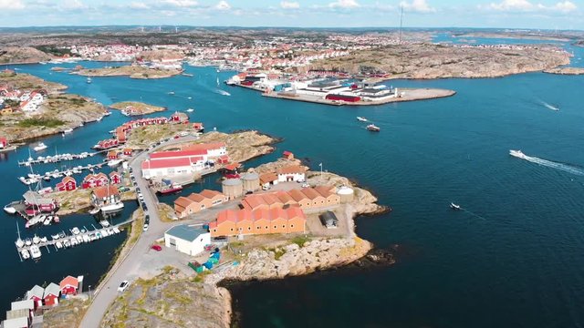 Drone aerial flight at Smogen, Bohuslan county in Sweden, flying towards Kungshamn