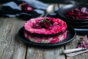 Salad with beets, herring and potatoes. Salad Herring under a fur coat
