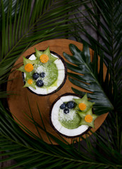 Smoothie in coconuts with berries and leaves on background