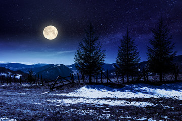 spruce trees on the mountain hill at night. early springtime weather with clouds on the sky in full moon light. snow and grass on the meadow. valley and ridge in the distance