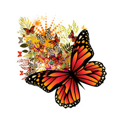 Abstraction summer. Flowers with butterflies. Vector illustration