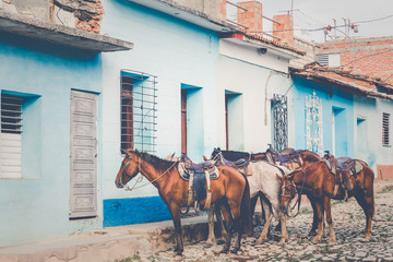 Colorful houses and vintage cars in Trinidad, Cuba. Unesco World Heritage Site.
