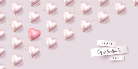 Happy Valentines Day light banner with regular pattern of 3D white hearts and one red heart, minimal holiday vector background