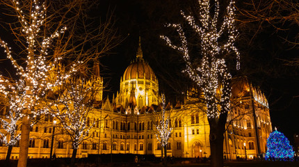 Parliament building of Budapest at christmas time in the night