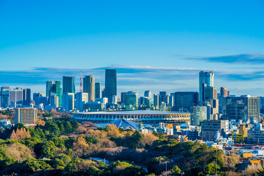新国立競技場　国立競技場　風景　日本　東京　オリンピック　スタジアム　都市風景　青空　鳥瞰図