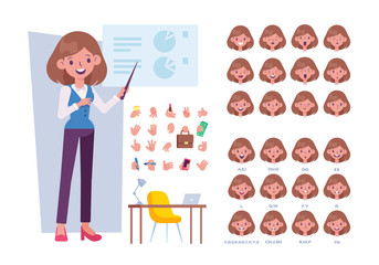 Business woman character creation set with various face emotions, gestures and lip sync. Office worker woman. Business presentation. Flat style vector character for animation.
