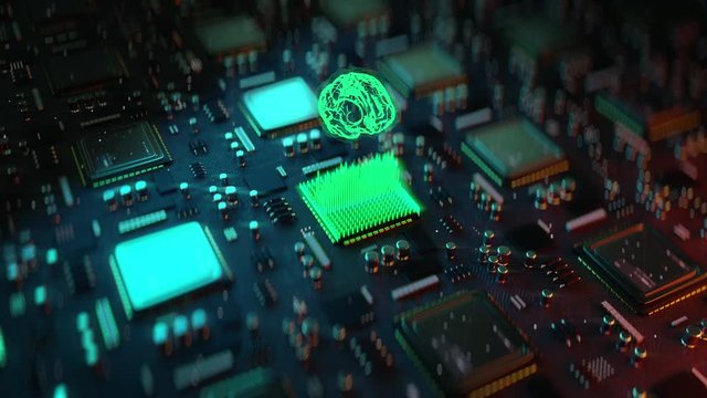 Artificial intelligence, machine brain, computer processor learning, science. Artificial brain simulation, neural network, GPU, AI