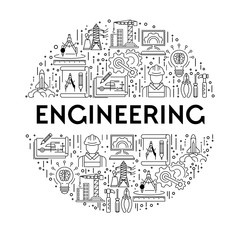 Science and engineering line icons on emblem or poster