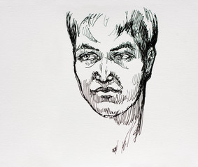 Ink drawing male portrait sketch character illustration on paper