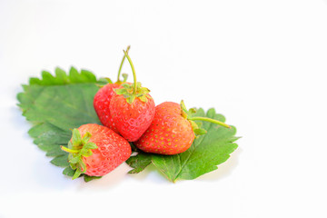 Strawberry fruit and green leaves