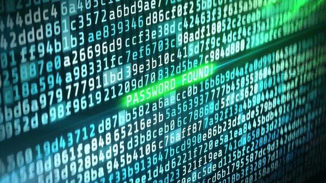 Password found, abstract hacking background, binary code strings on screen. System breach, computer hacking concept