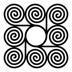Eight arithmetic spirals around a circle forming a square shaped pattern. Archimedean spirals of same intervals connected with a circle in the centre. Isolated illustration on white background. Vector
