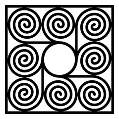 Square shaped tile made of eight arithmetic spirals around a circle. Pattern of Archimedean spirals of same intervals connected with a circle in the centre. Isolated illustration over white. Vector.