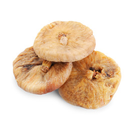 Pile of tasty dried figs isolated on white, top view