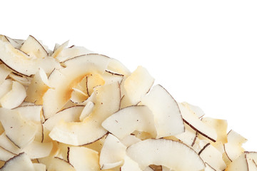 Pile of coconut chips isolated on white, top view