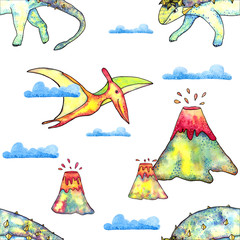 Colorful watercolor dinosaurs and volcanoes seamless pattern with clouds and explosions on white background. Prehistoric illustration for children design. Endless print. © Nadja