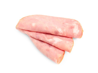 Slices of tasty fresh ham isolated on white, top view