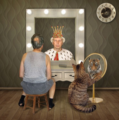The balding man in a T-shirt and shorts and his cat examine their reflections in the mirrors. The...