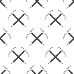 Hand Drawn Crossed Ice Axes Seamless Pattern. Mountaineering Tools. Vector