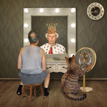 The balding man in a T-shirt and shorts and his cat examine their reflections in the mirrors. The first sees the king, and the second tiger.