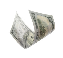 Dollar banknote isolated on white. Flying money