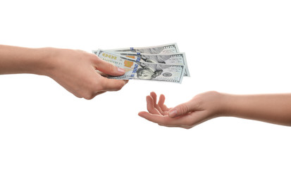 Woman giving money on white background, closeup