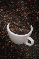 white coffee cup lies in roasted coffee beans of the highest standard