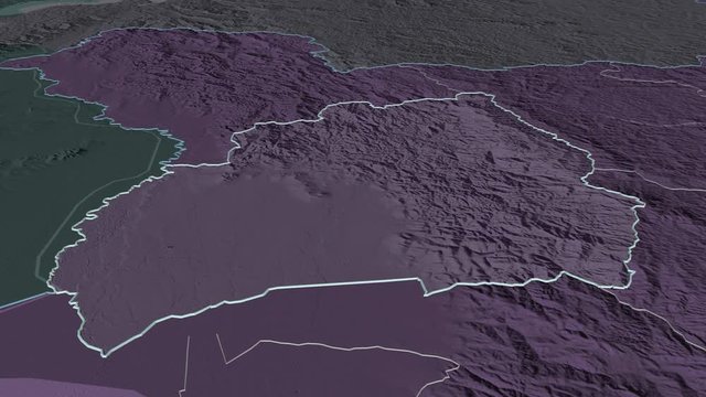 Bubanza, province with its capital, zoomed and extruded on the administrative map of Burundi in the conformal Stereographic projection. Animation 3D
